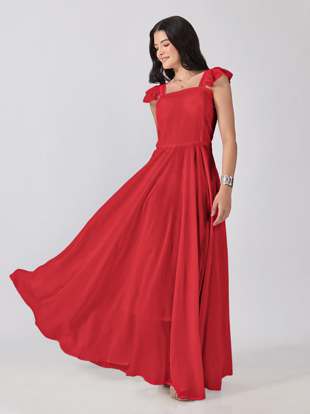 Women’s Red Maxi Dress with Ruffled Shoulder Straps and Flared Silhouette