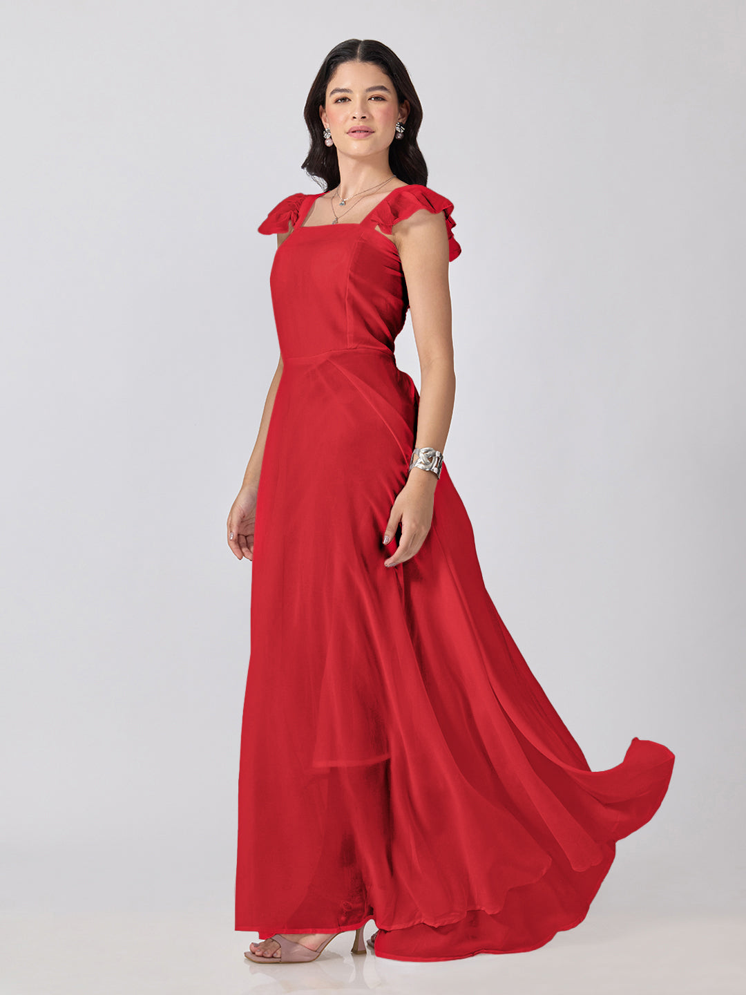 Women’s Red Maxi Dress with Ruffled Shoulder Straps and Flared Silhouette