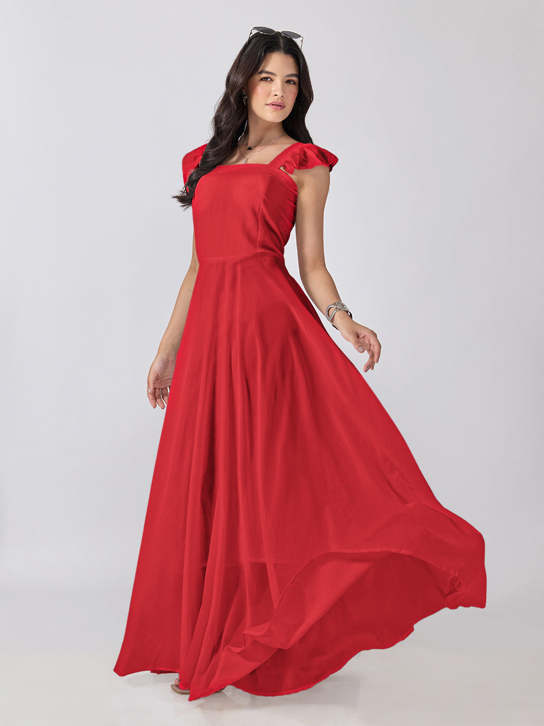 Women’s Red Maxi Dress with Ruffled Shoulder Straps and Flared Silhouette
