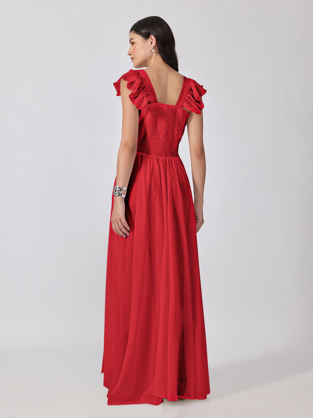 Women’s Red Maxi Dress with Ruffled Shoulder Straps and Flared Silhouette