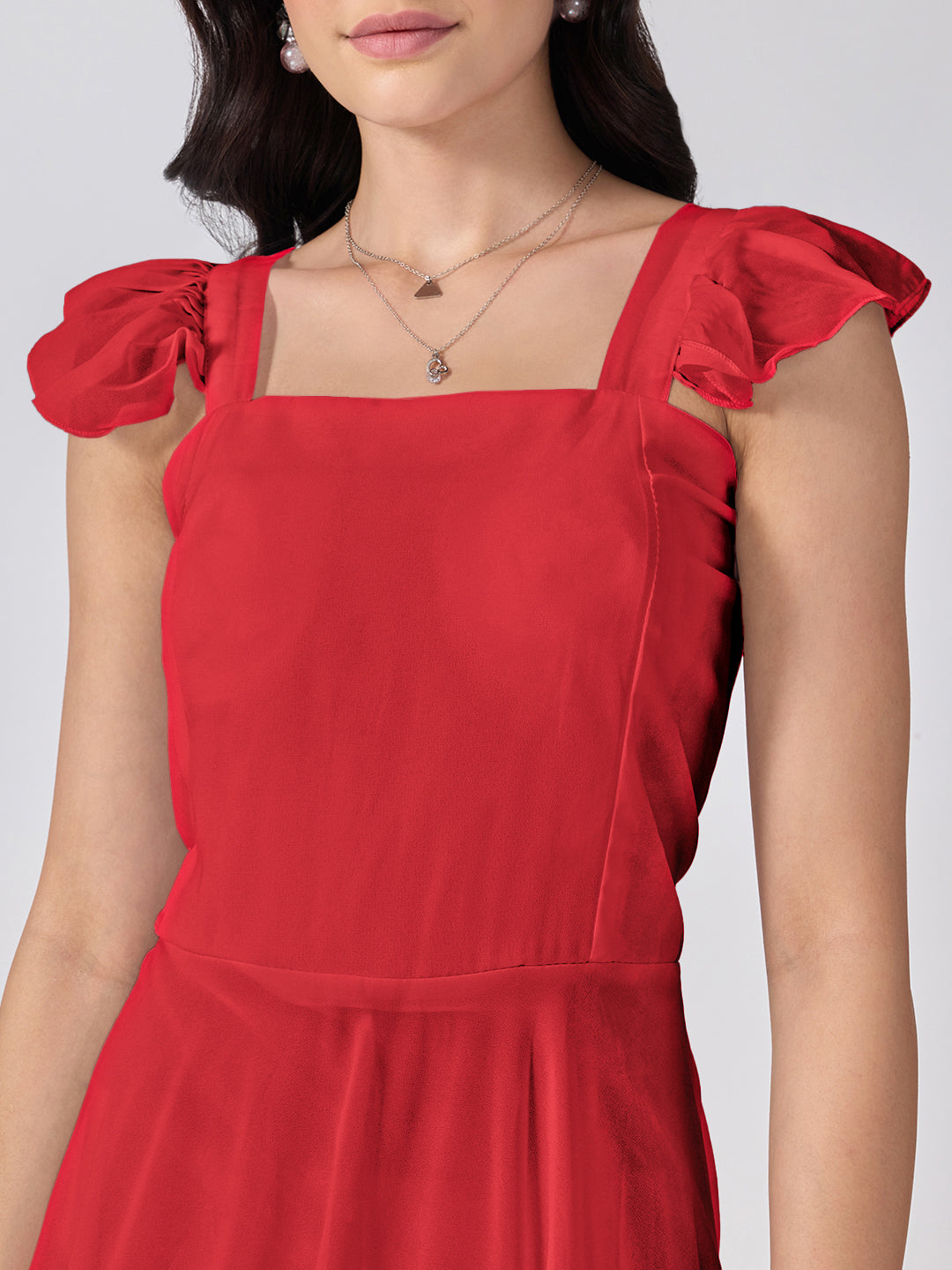 Women’s Red Maxi Dress with Ruffled Shoulder Straps and Flared Silhouette
