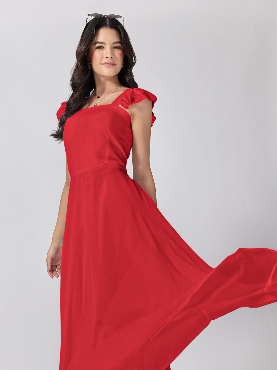 Women’s Red Maxi Dress with Ruffled Shoulder Straps and Flared Silhouette