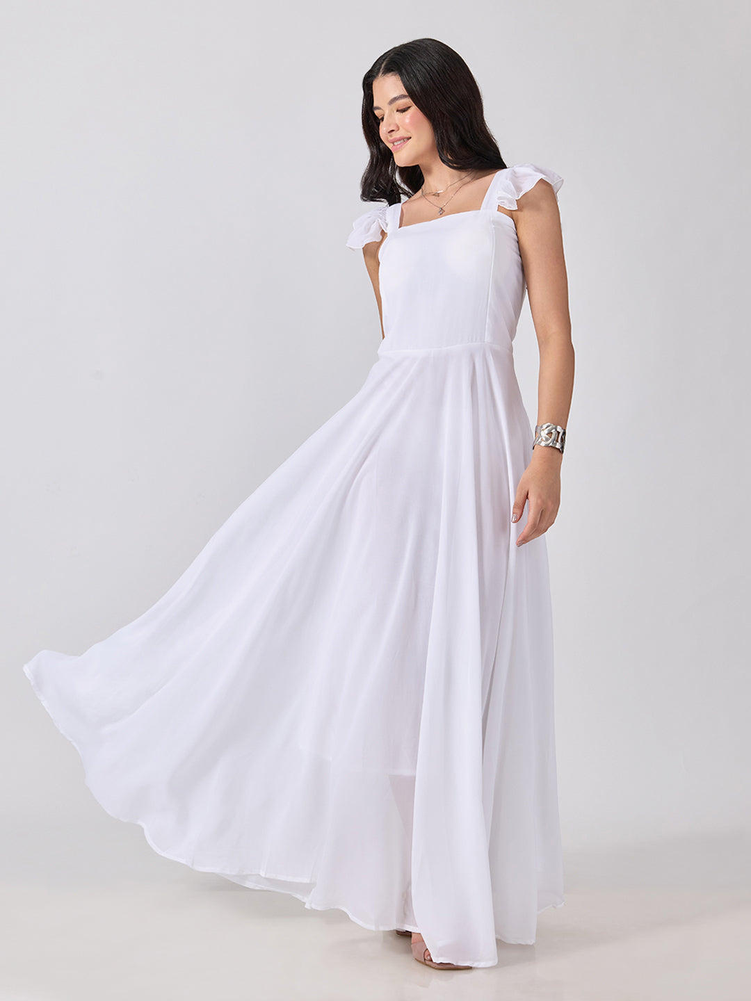 Women’s White Maxi Dress with Ruffled Shoulder Straps and Flared Silhouette