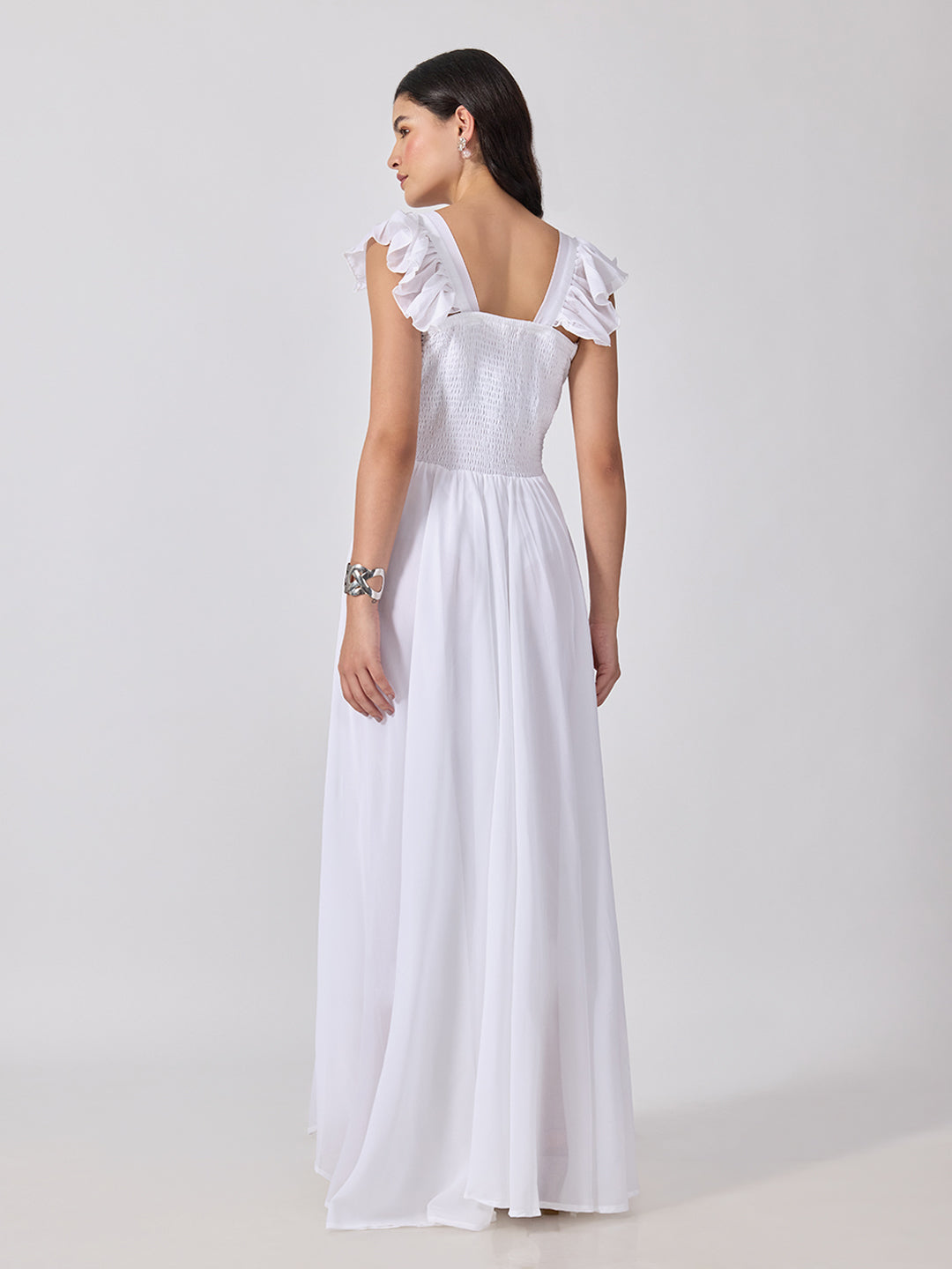 Women’s White Maxi Dress with Ruffled Shoulder Straps and Flared Silhouette