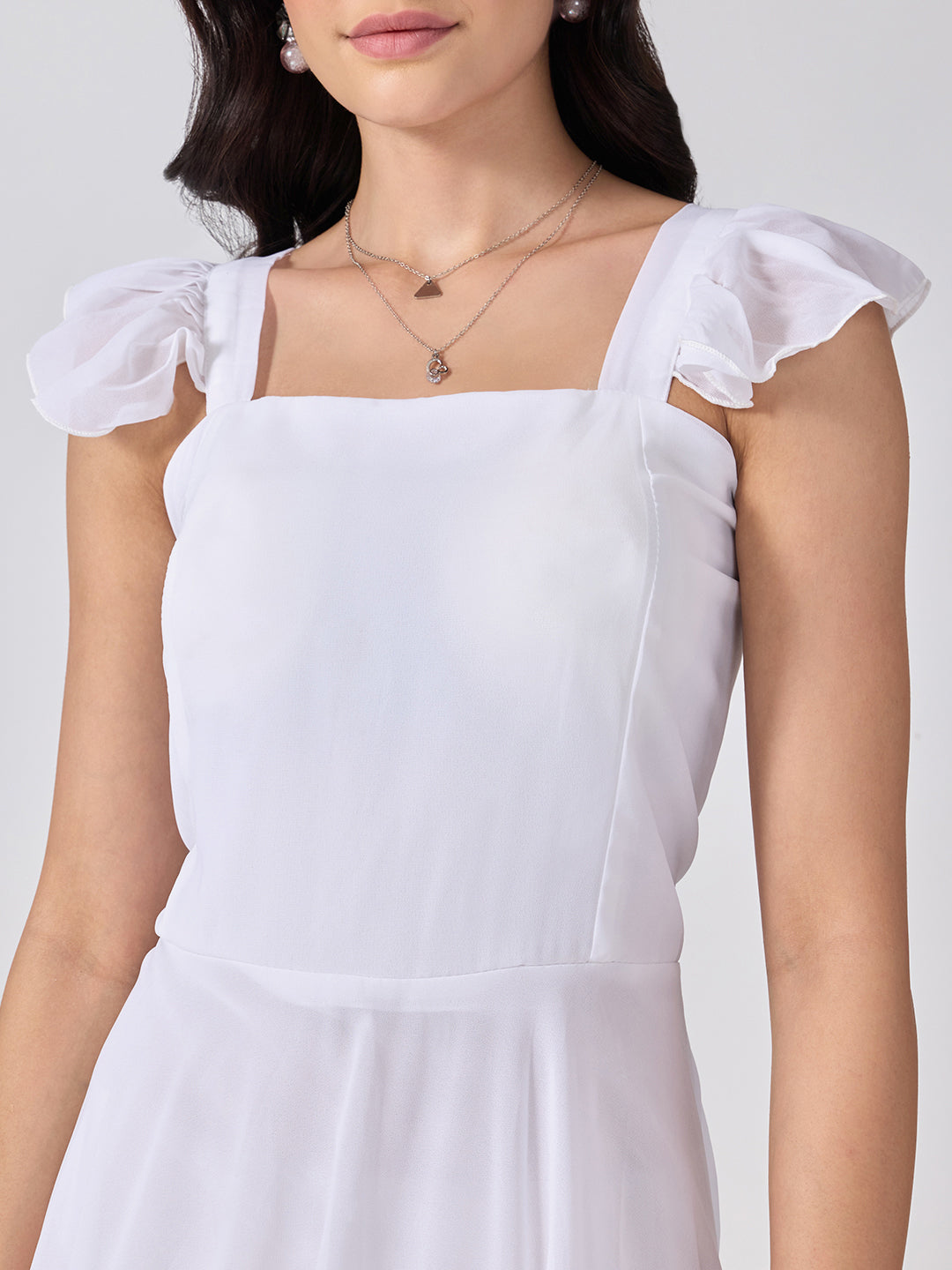 Women’s White Maxi Dress with Ruffled Shoulder Straps and Flared Silhouette