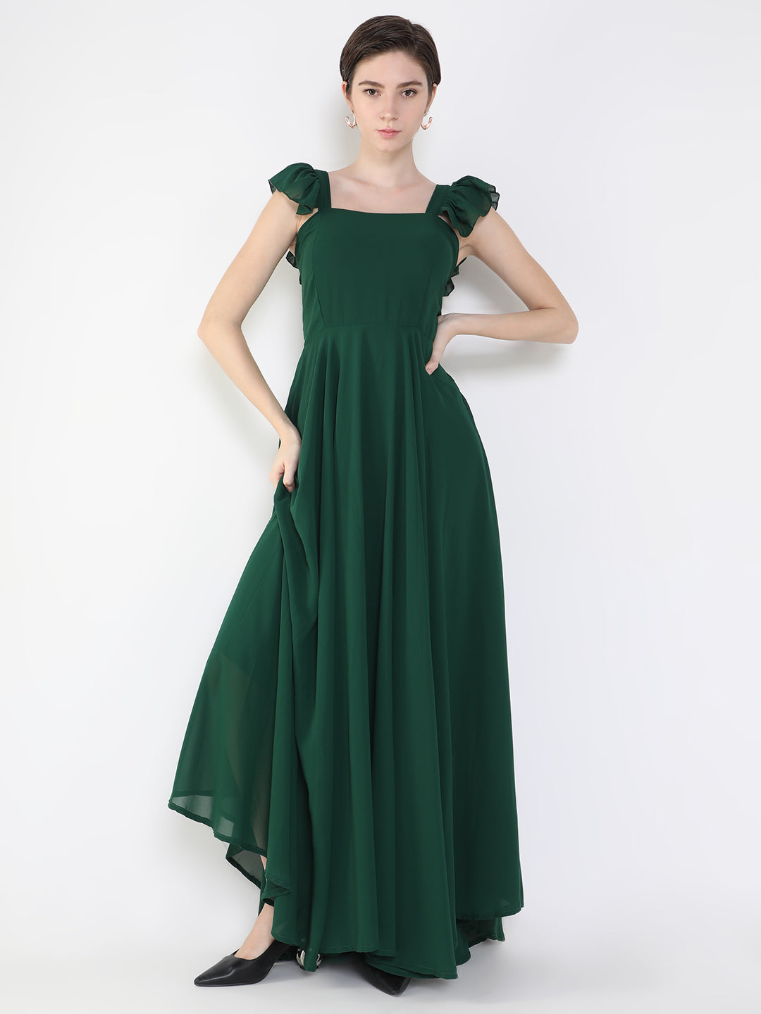 Women Solid Green Maxi Fit and Flare Dress