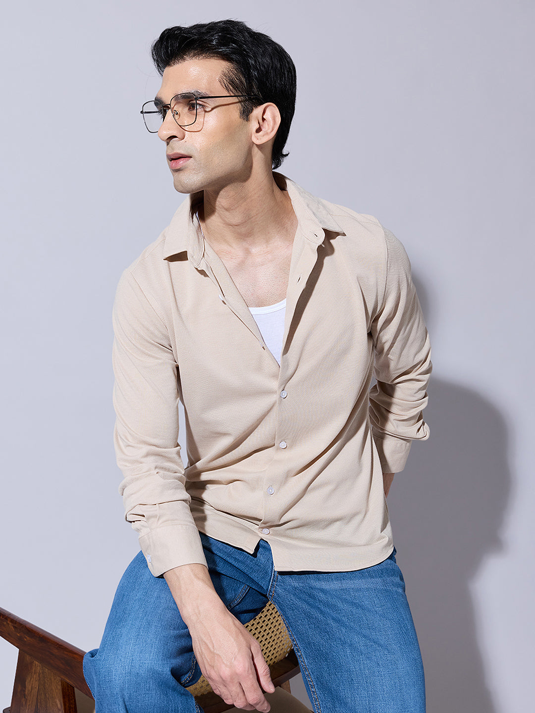 Men's Beige Casual Regular Fit Shirt