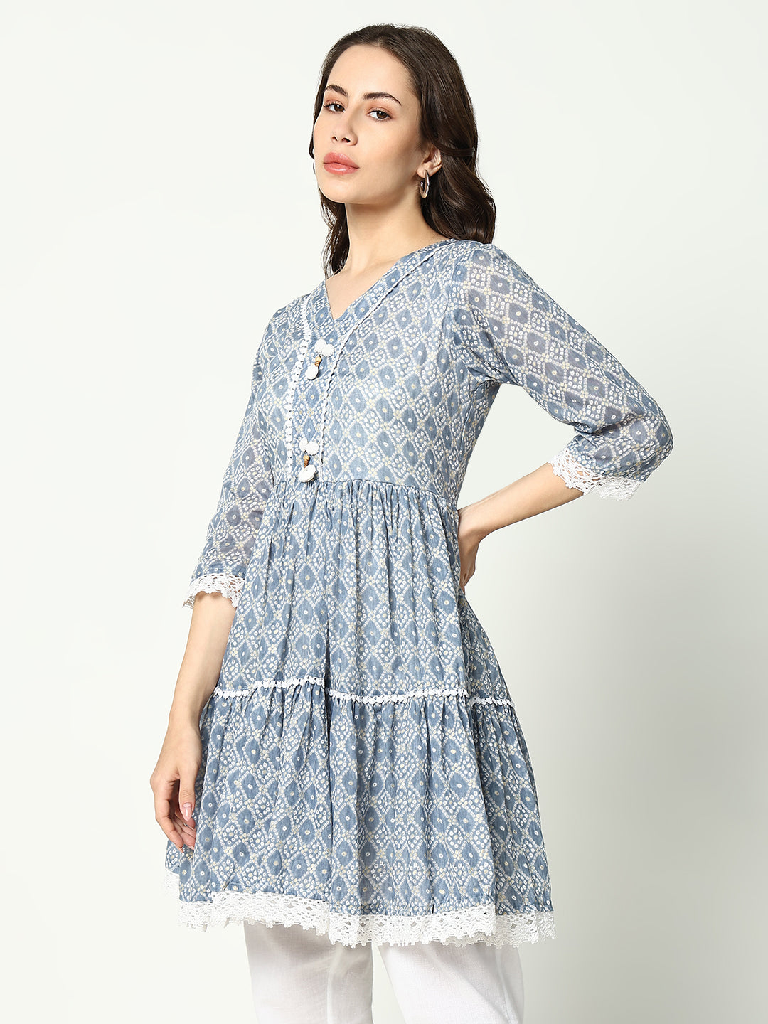 Women V-Neck Printed Empire Blue Kurti