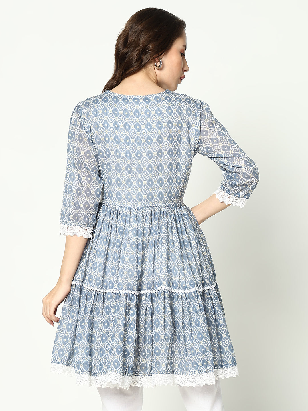 Women V-Neck Printed Empire Blue Kurti