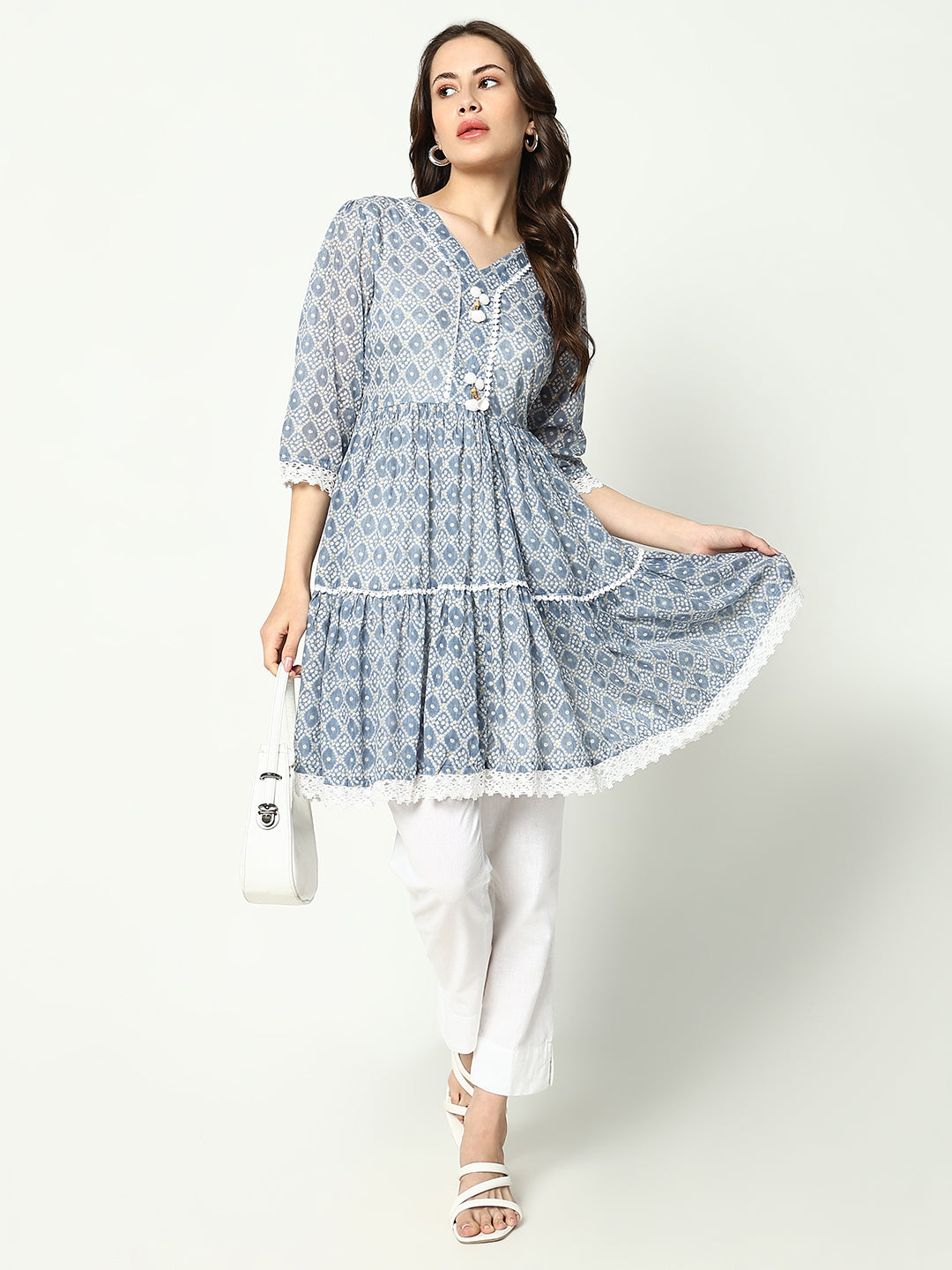 Women V-Neck Printed Empire Blue Kurti