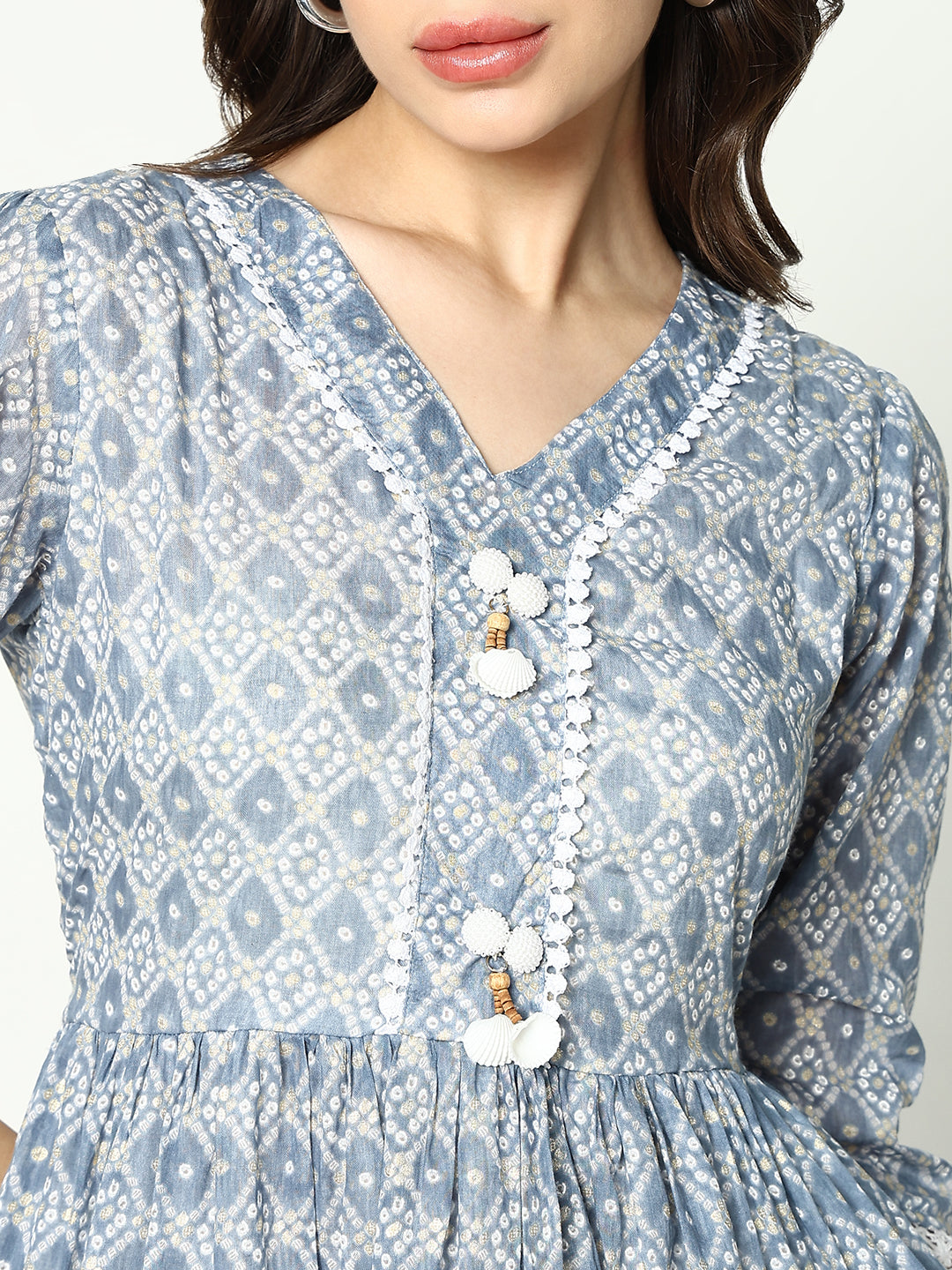 Women V-Neck Printed Empire Blue Kurti