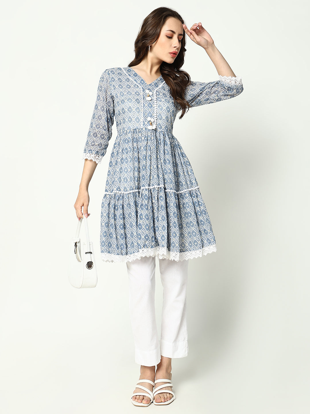 Women V-Neck Printed Empire Blue Kurti