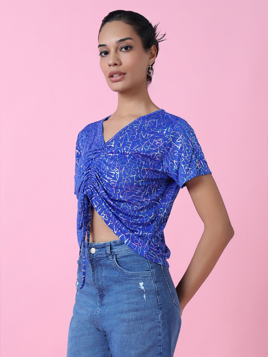 Women Blue Graphic Ruched Top