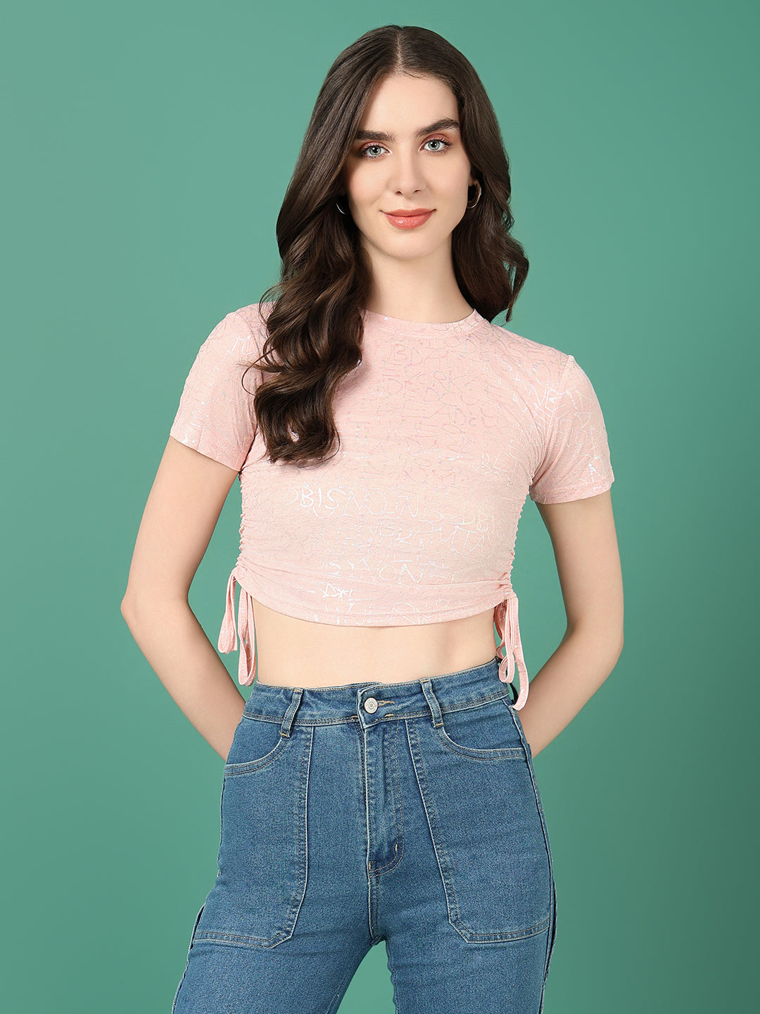 Women Peach Graphic Ruched Top