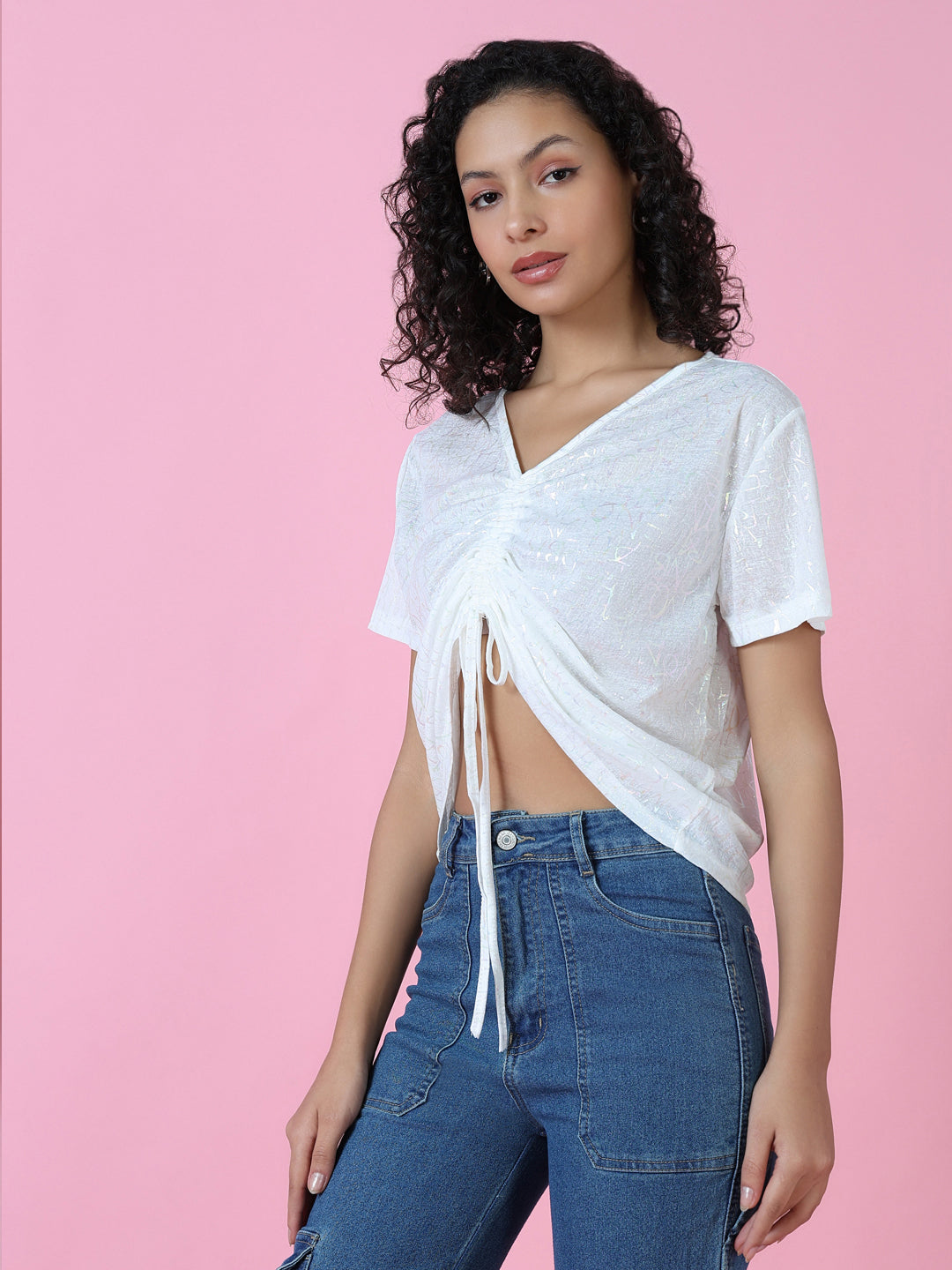 Women White Graphic Ruched Top