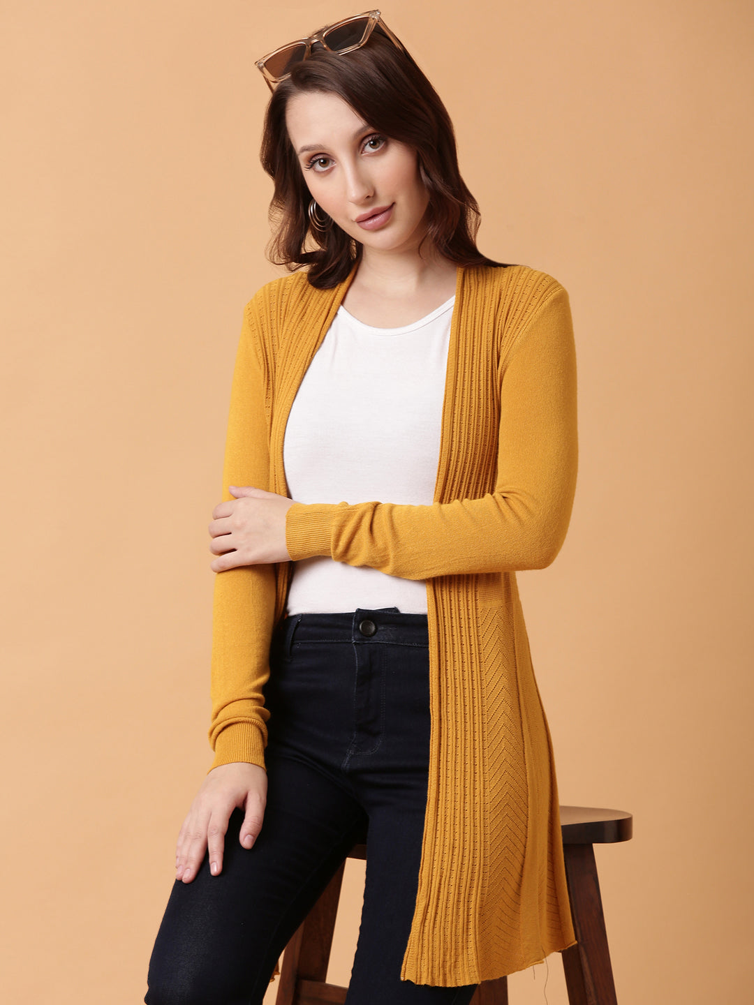 Women Mustard Solid Shrug