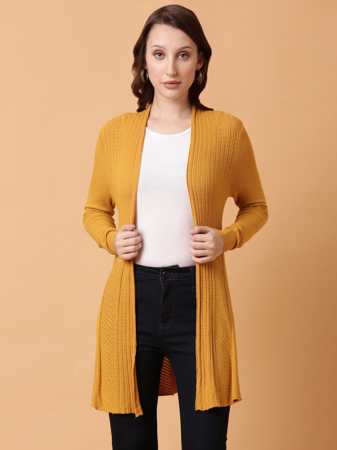 Women Mustard Solid Shrug