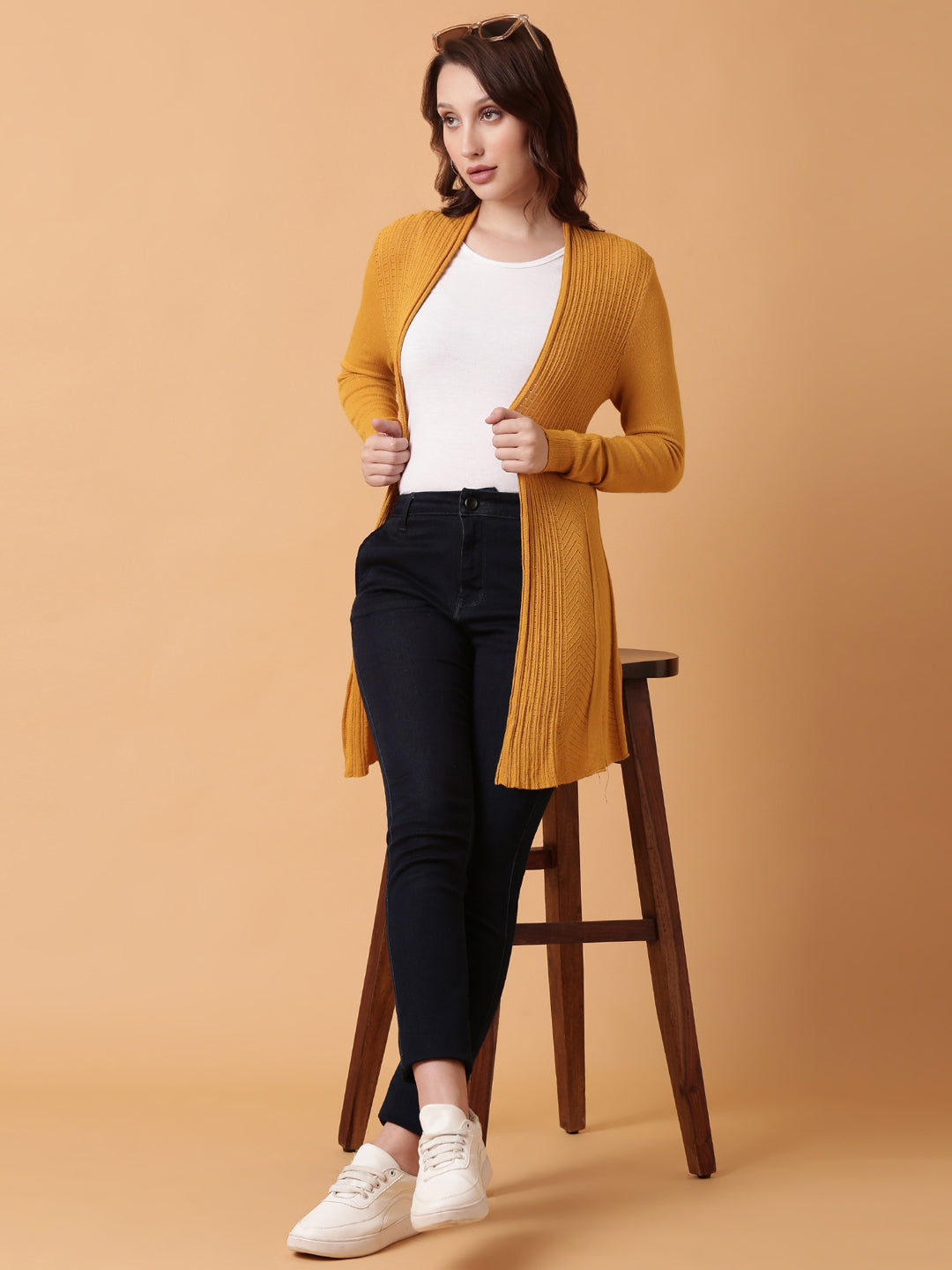 Women Mustard Solid Shrug