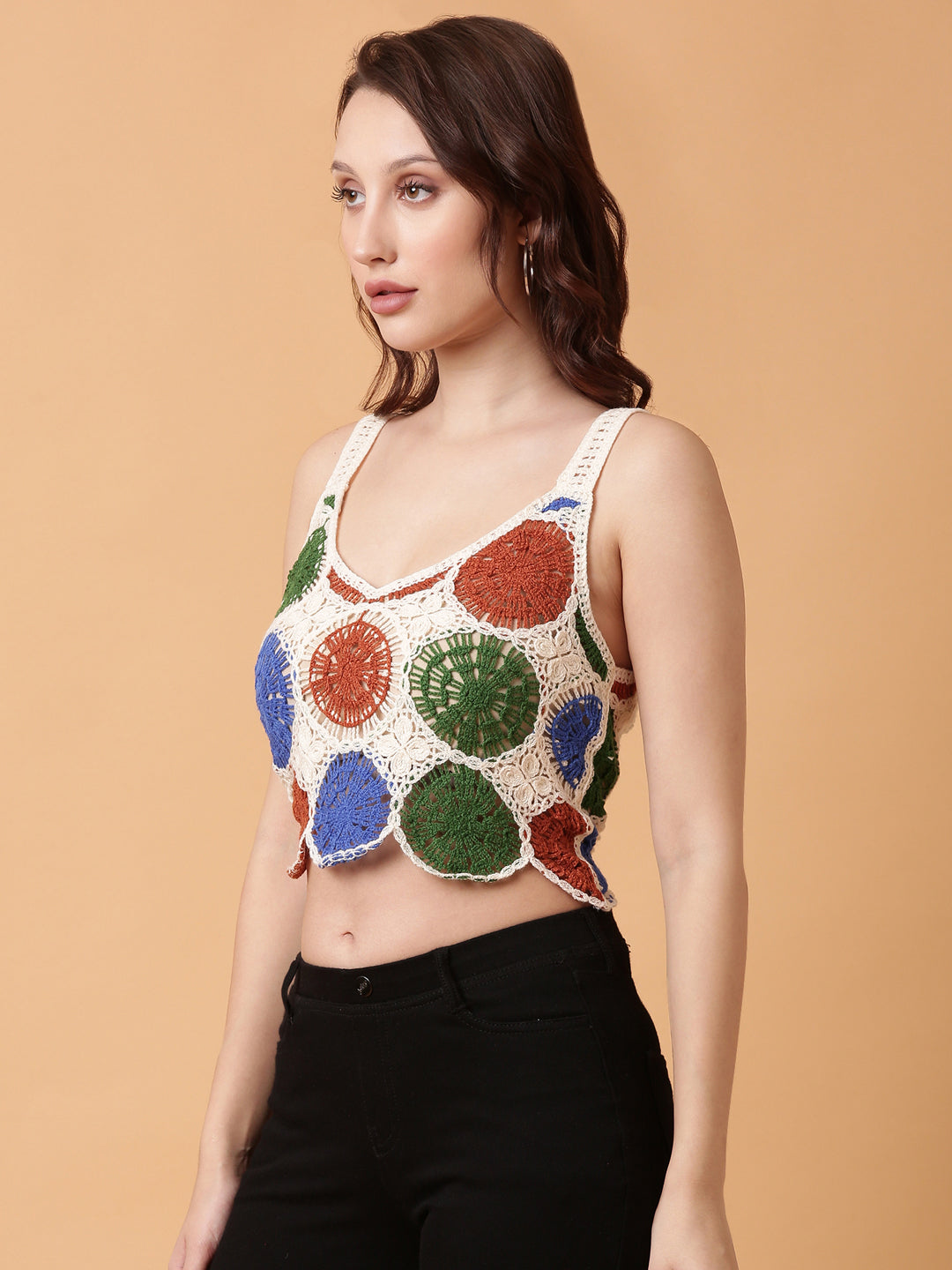 Women Brown Solid Crochet Crop Top