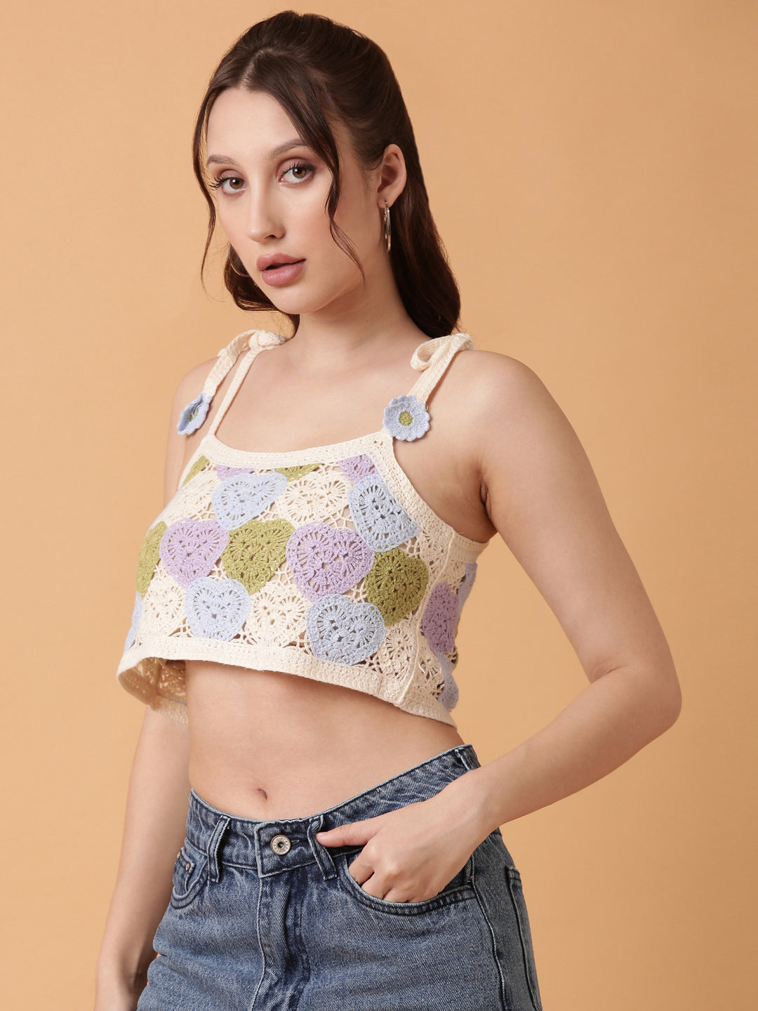 Women Blue Solid Crochet Crop Top