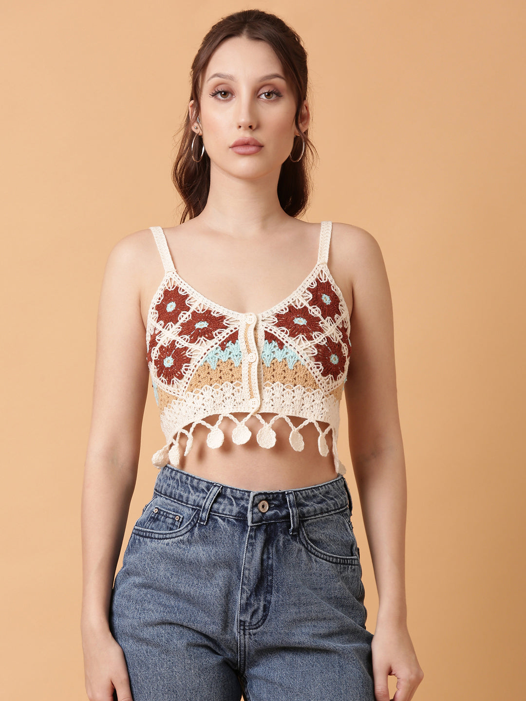 Women's Brown Solid Crochet Crop Top