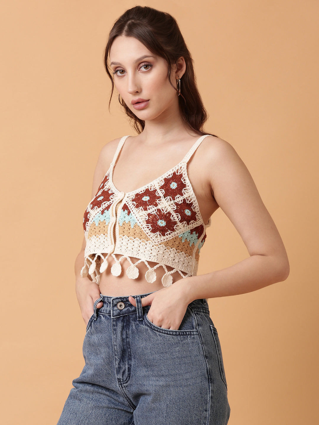 Women's Brown Solid Crochet Crop Top
