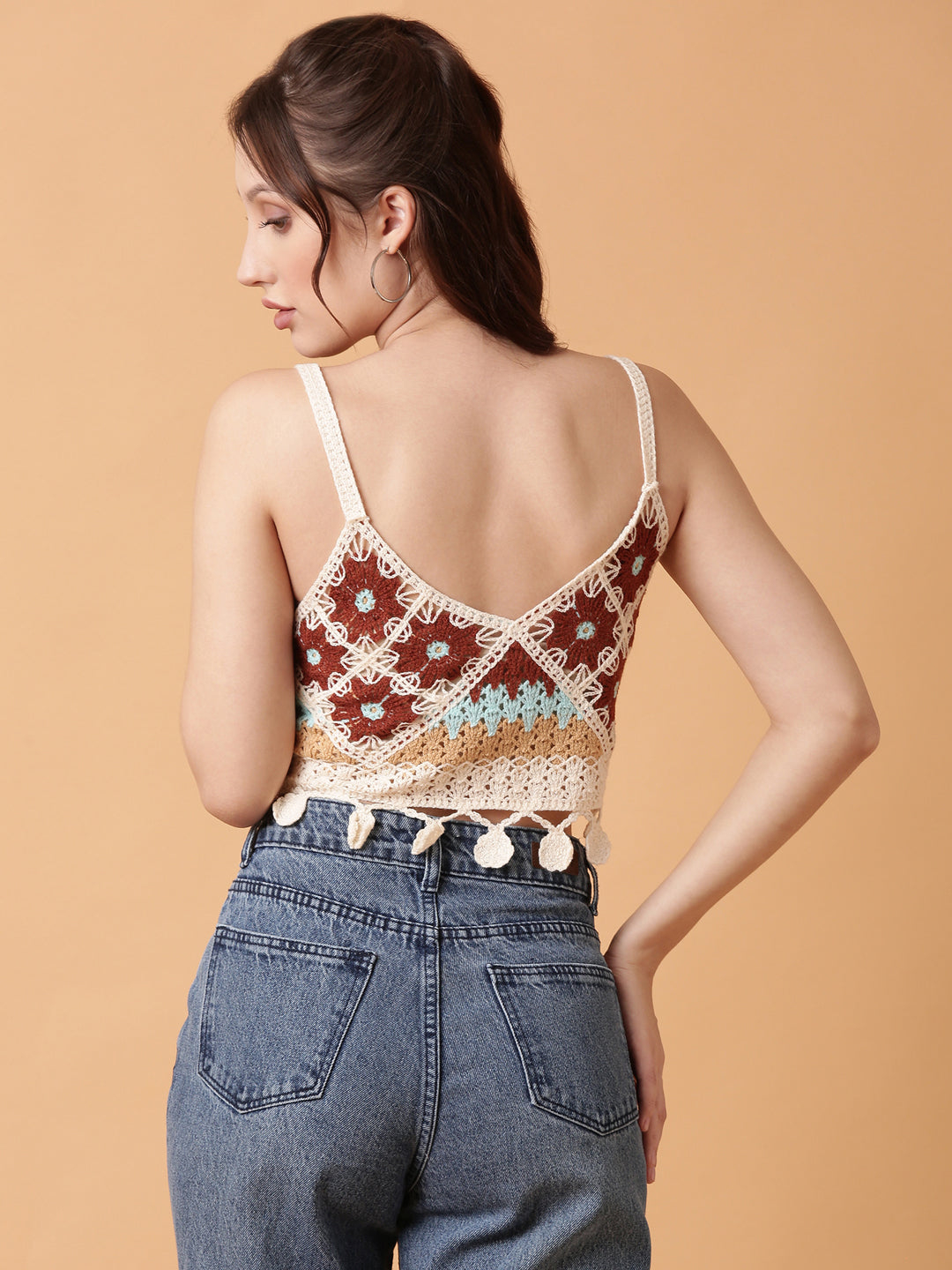Women's Brown Solid Crochet Crop Top