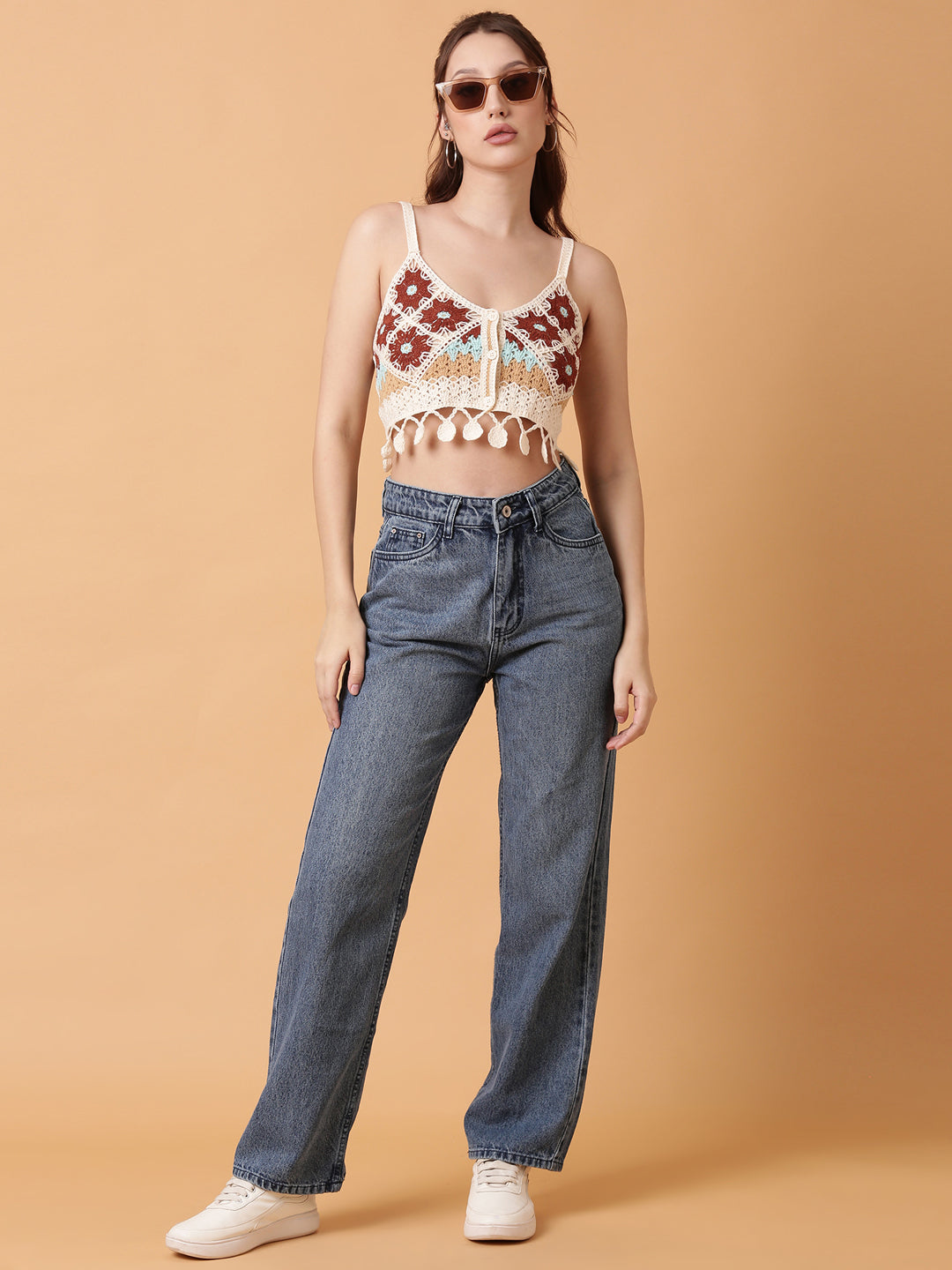 Women's Brown Solid Crochet Crop Top