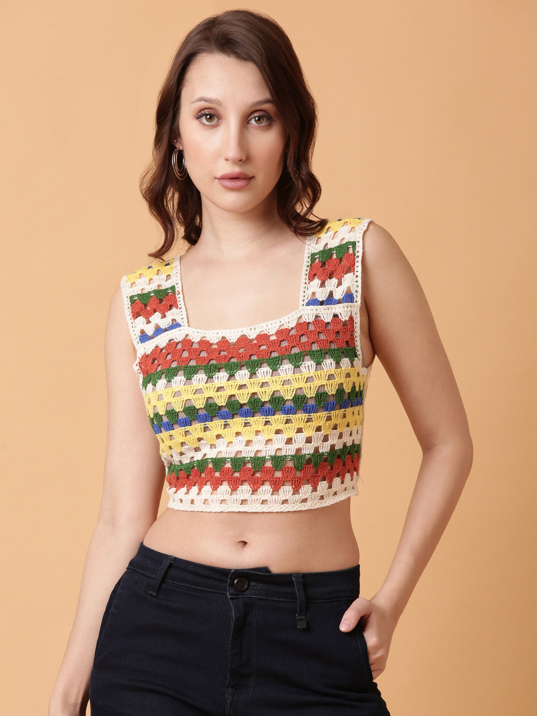 Women Rust Solid Crochet Crop Top