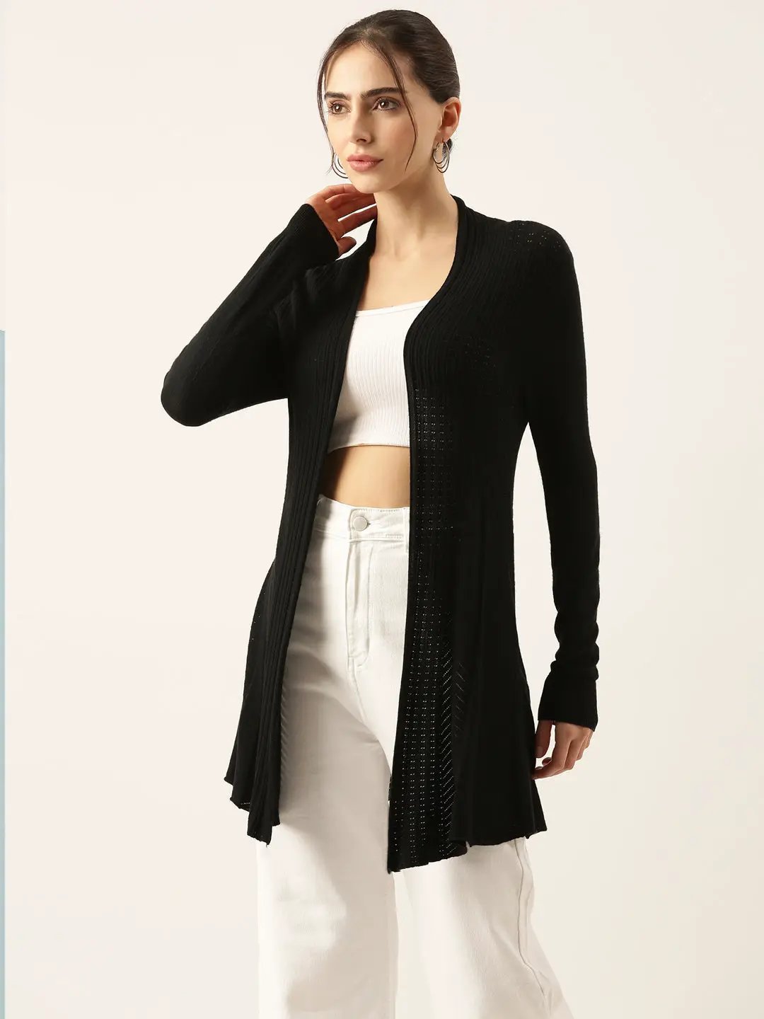 Women's Black Solid Longline Shrug - from SHOWOFFFF
