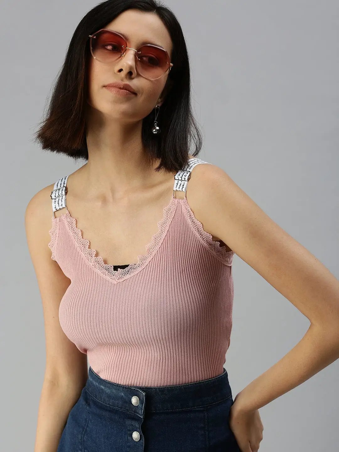 Women's V-Neck Solid Taupe Fitted Top