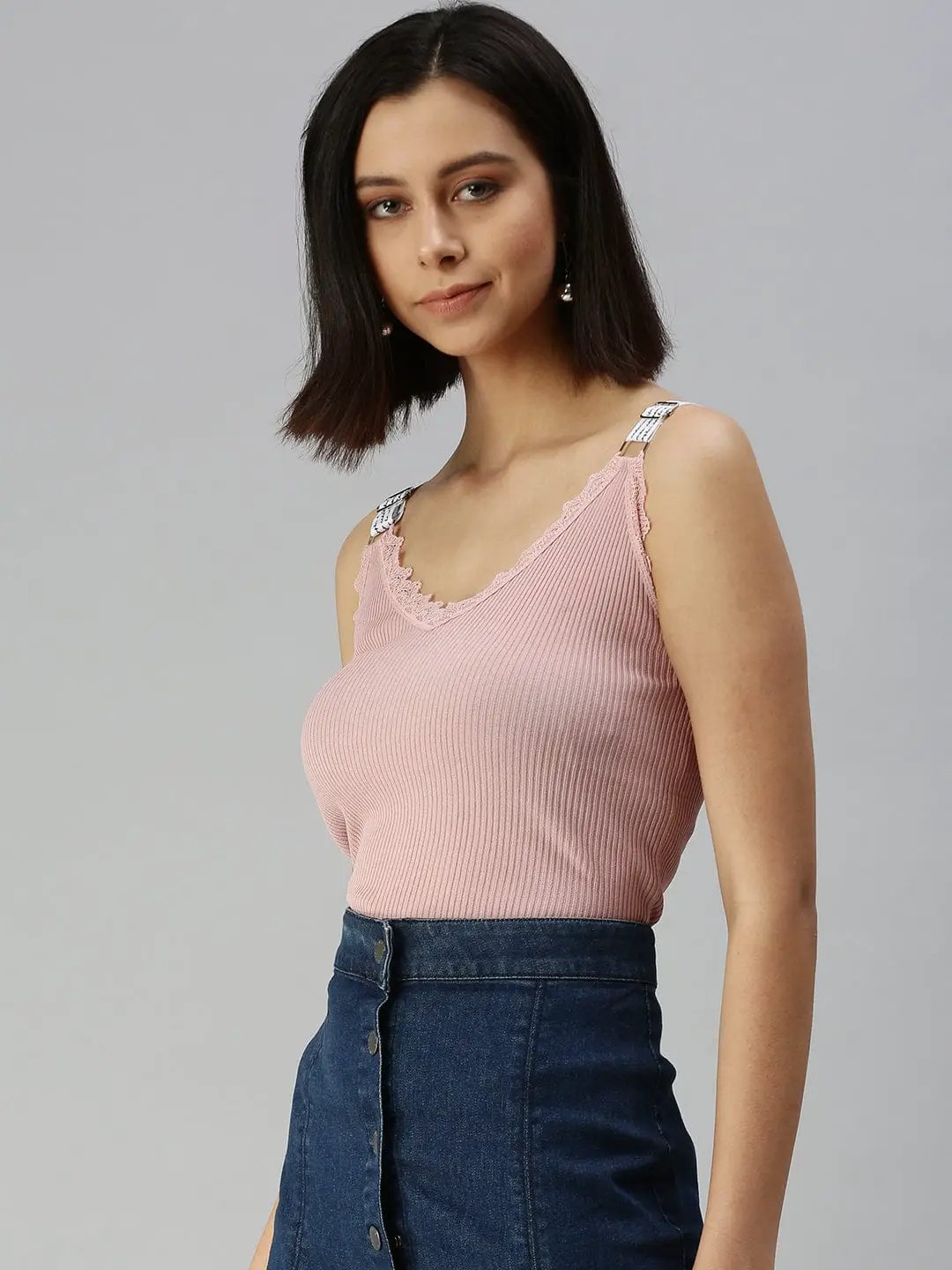 Women's V-Neck Solid Taupe Fitted Top