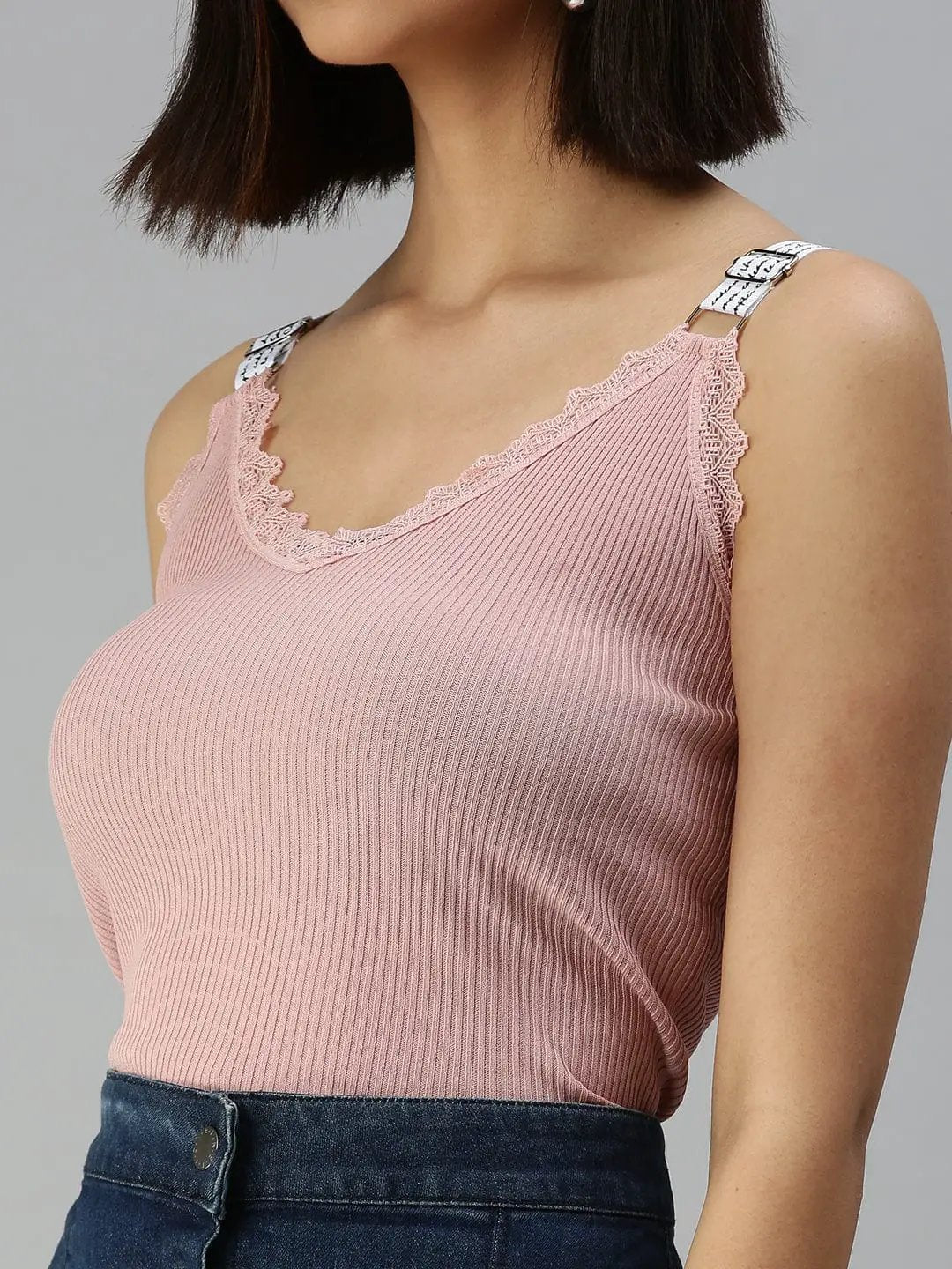 Women's V-Neck Solid Taupe Fitted Top