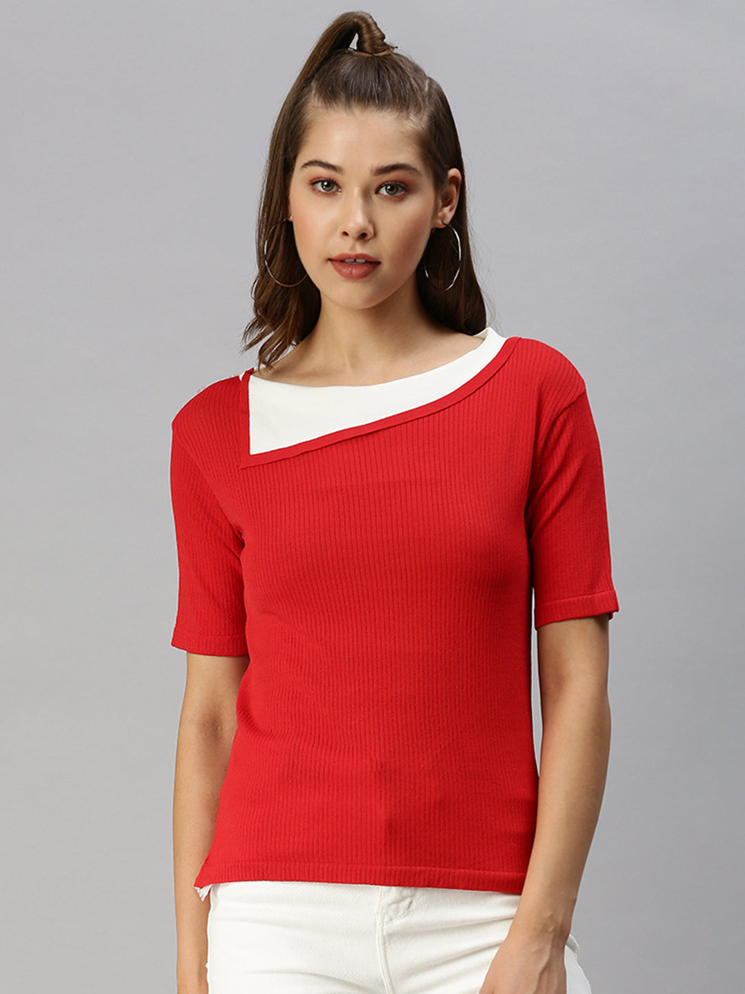 Women's Red Striped Ribbed Knitted Top