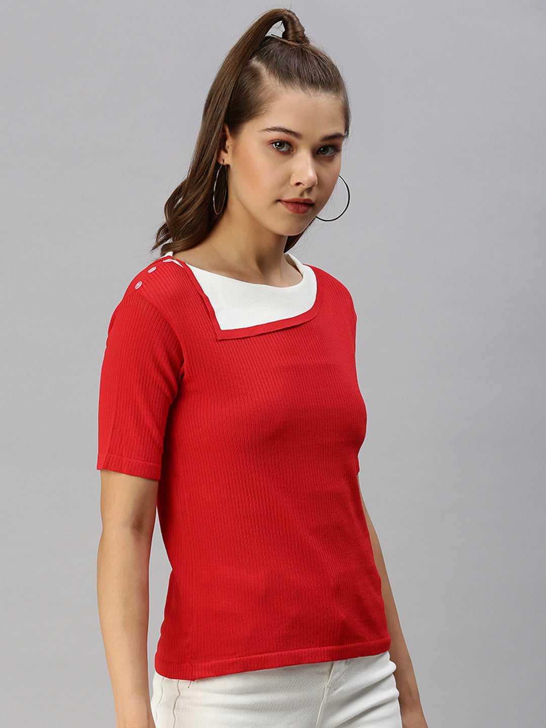 Women's Red Striped Ribbed Knitted Top