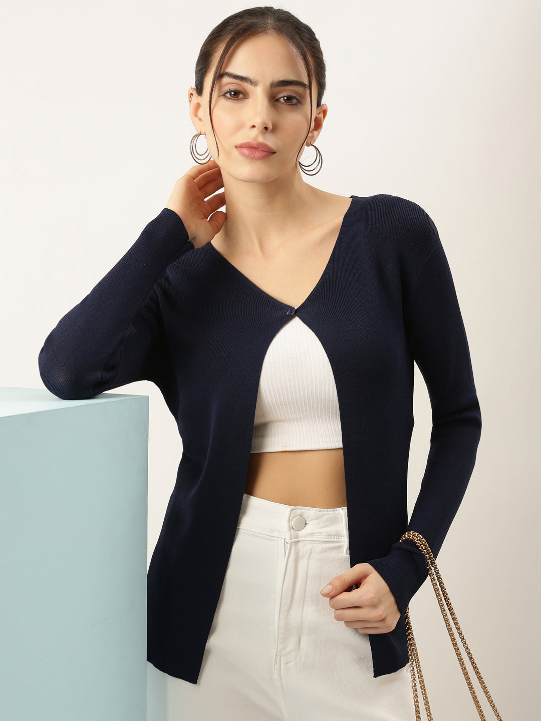 Women Navy Blue Solid Shrug