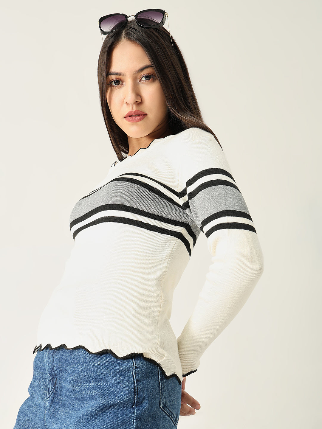 Women Striped Grey Fitted Top