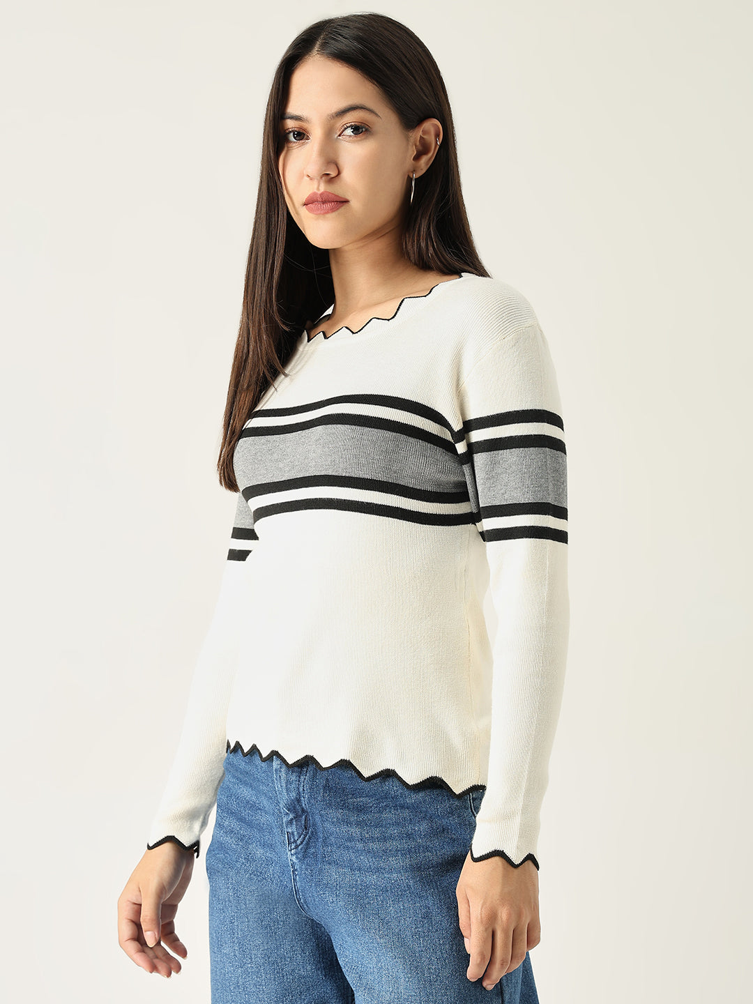 Women Striped Grey Fitted Top