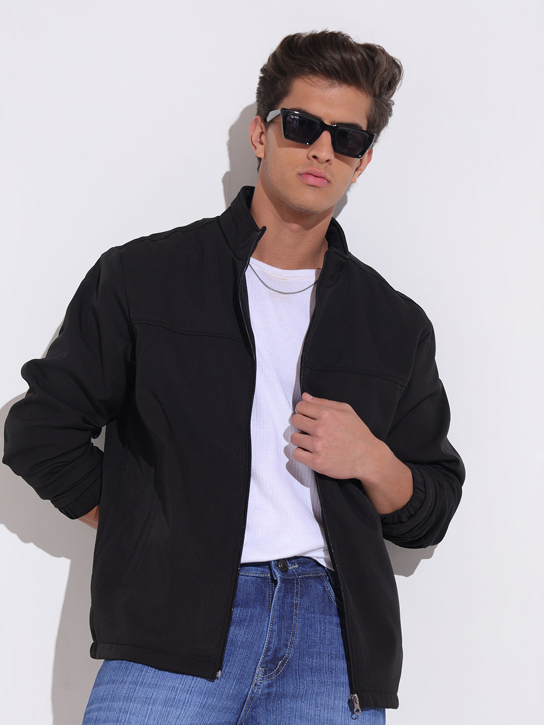 Men's Black Zip-Up Jacket with Stand Collar