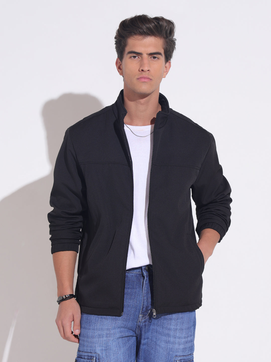 Men's Black Zip-Up Jacket with Stand Collar