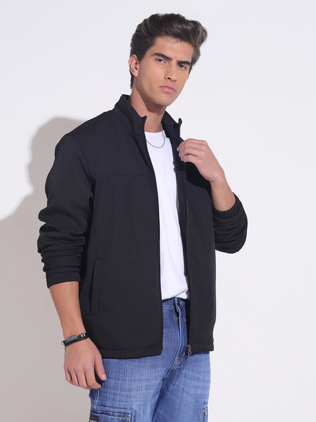 Men's Black Zip-Up Jacket with Stand Collar