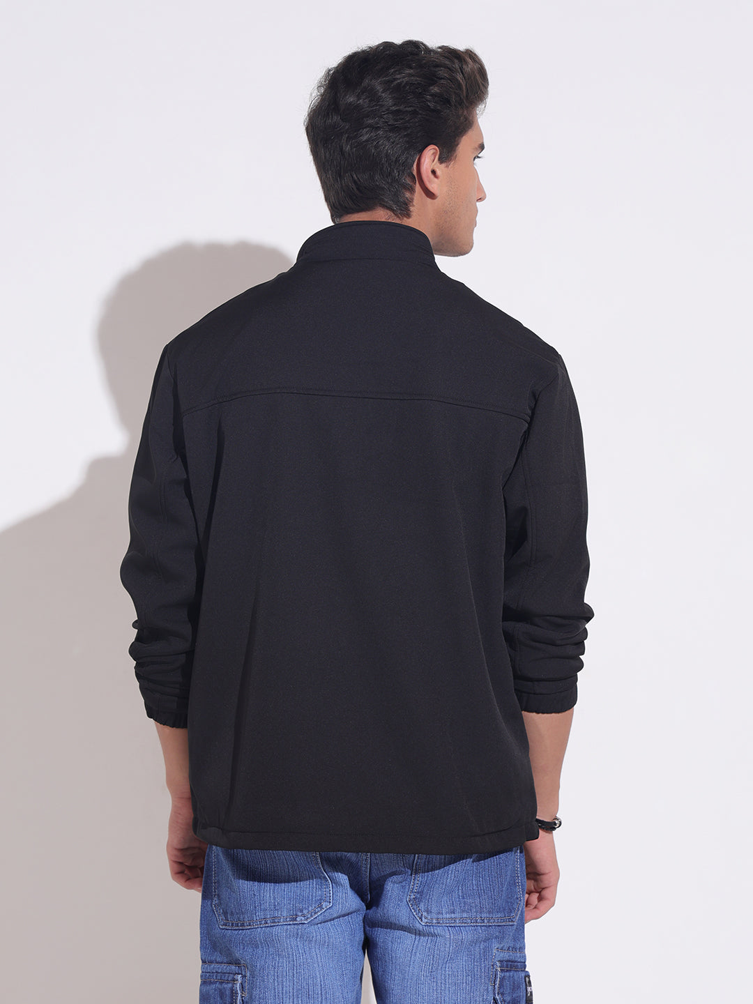 Men's Black Zip-Up Jacket with Stand Collar