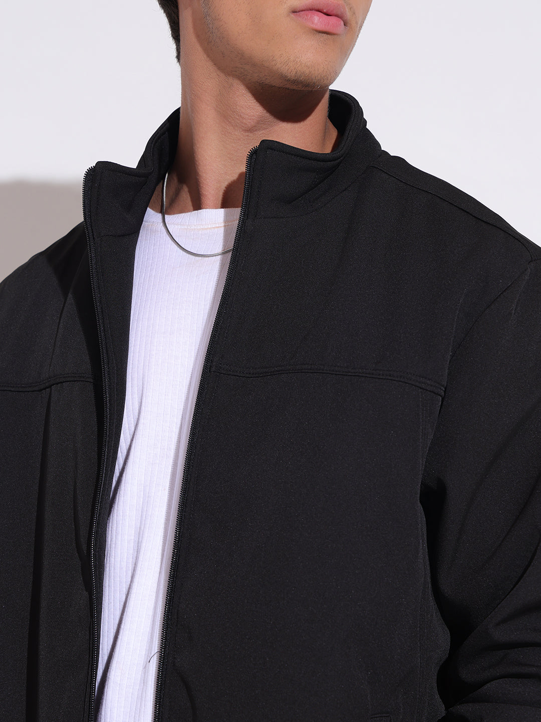 Men's Black Zip-Up Jacket with Stand Collar