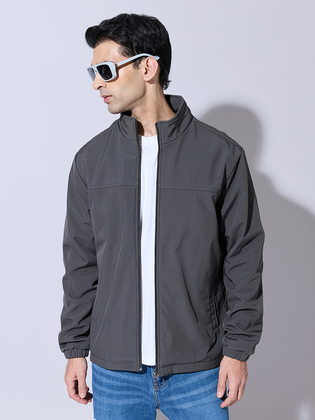 Men's Grey Zip-Up Jacket with Stand Collar