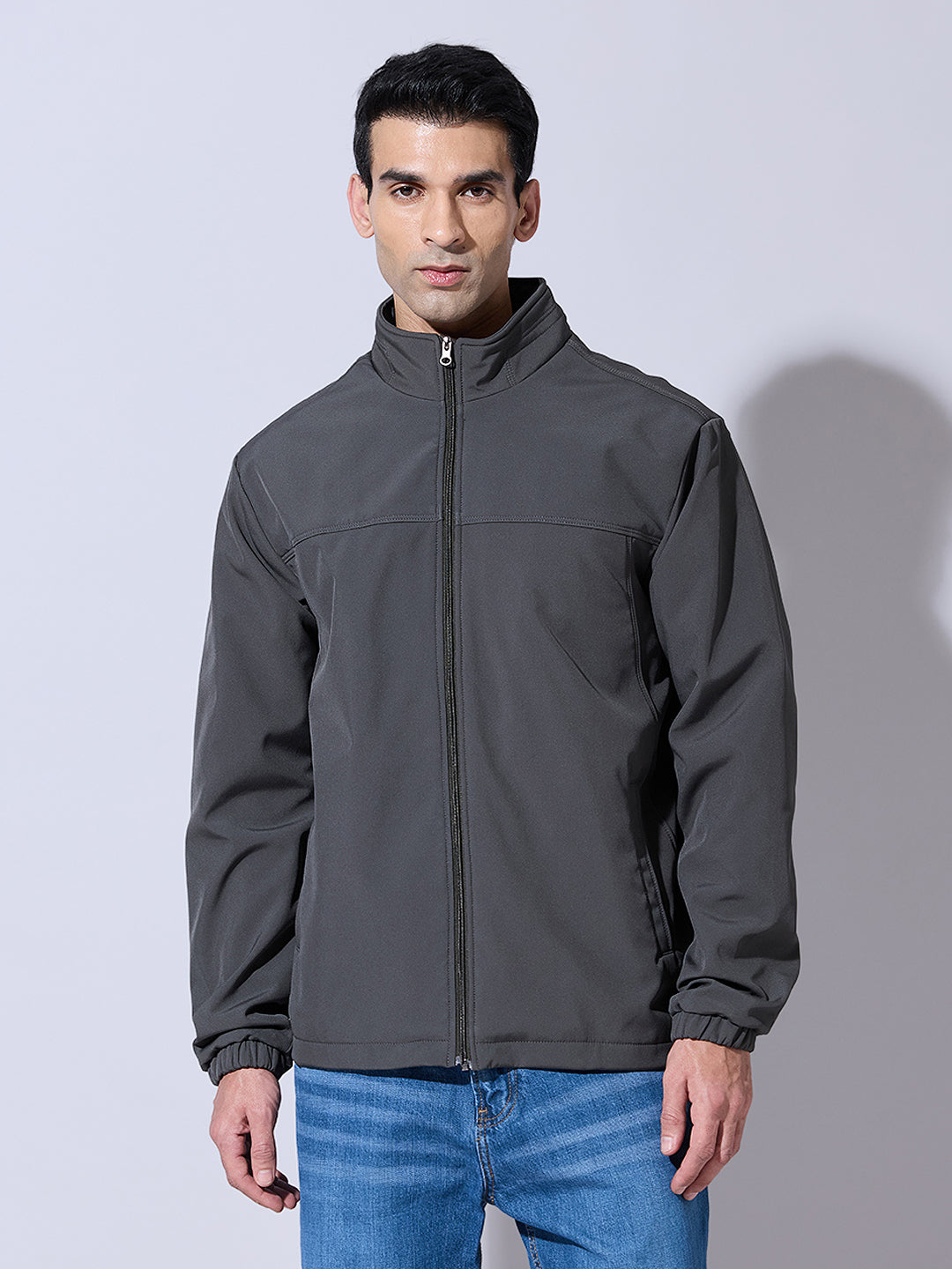 Men's Grey Zip-Up Jacket with Stand Collar