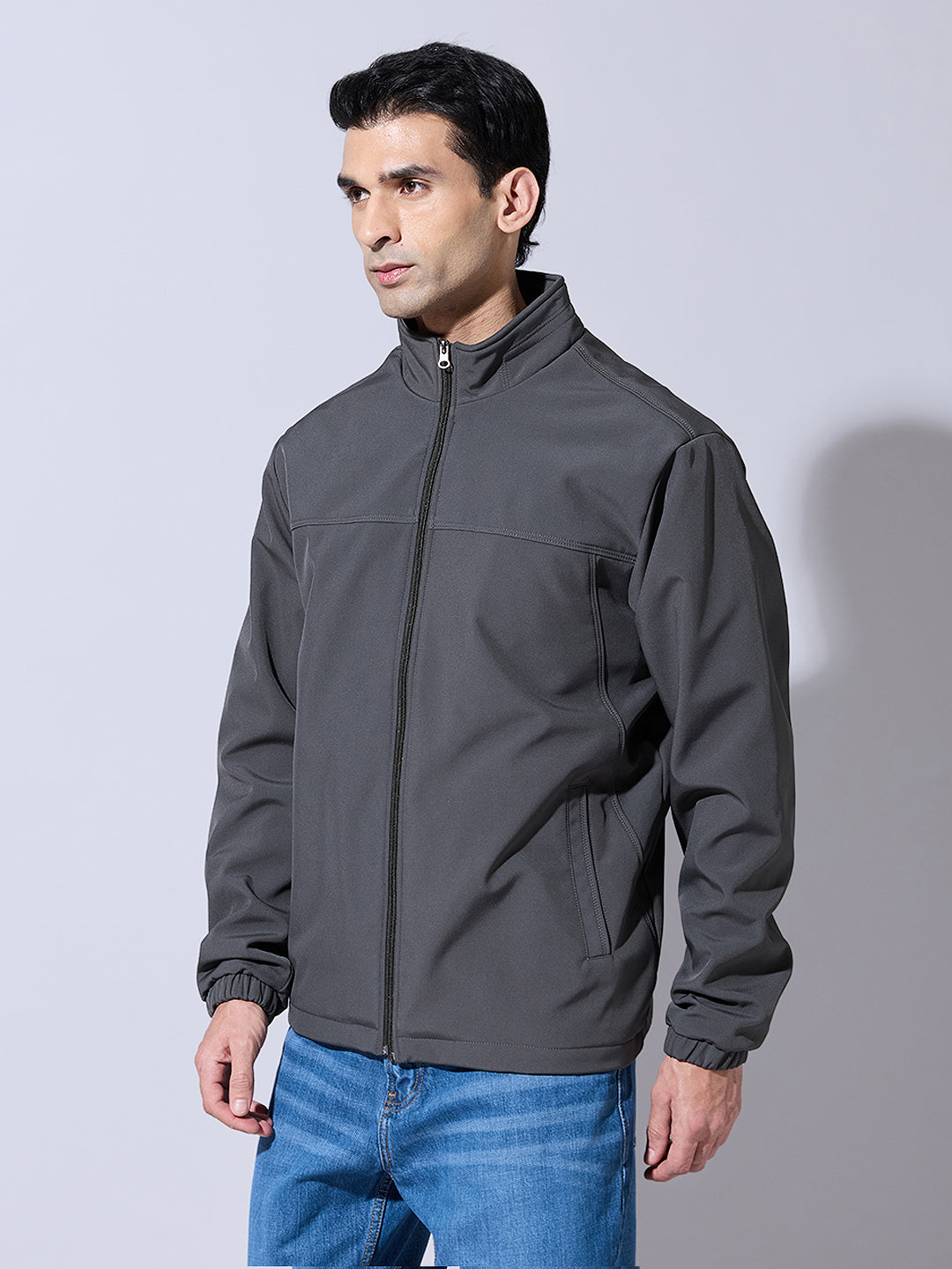Men's Grey Zip-Up Jacket with Stand Collar