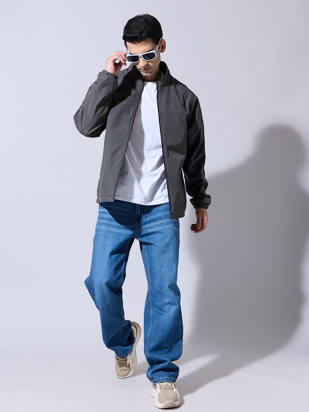 Men's Grey Zip-Up Jacket with Stand Collar