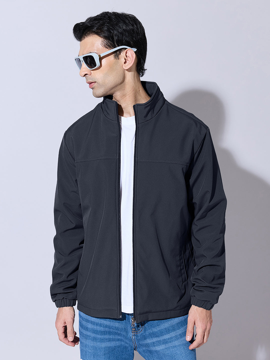Men's Navy Blue Zip-Up Jacket with Stand Collar