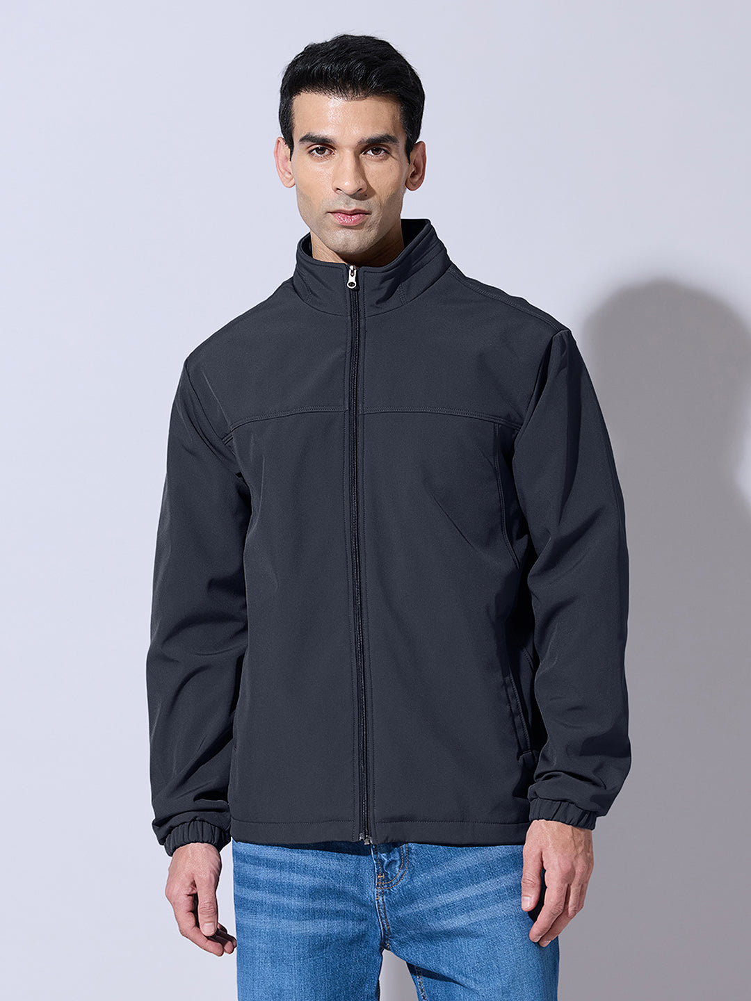 Men's Navy Blue Zip-Up Jacket with Stand Collar