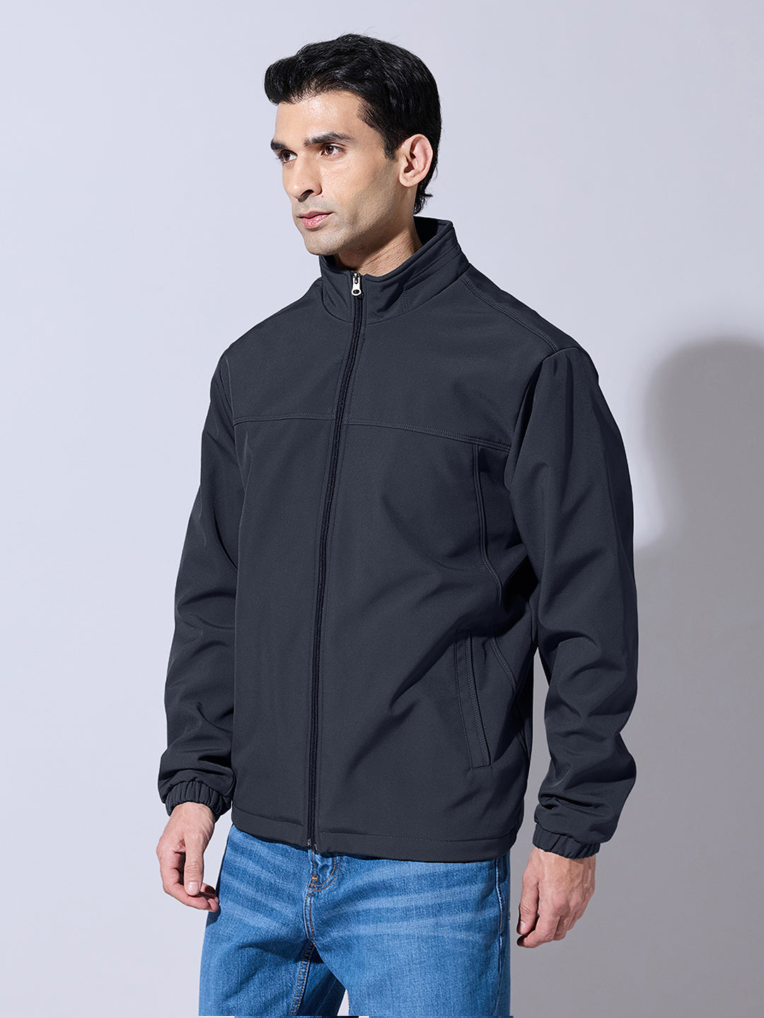 Men's Navy Blue Zip-Up Jacket with Stand Collar
